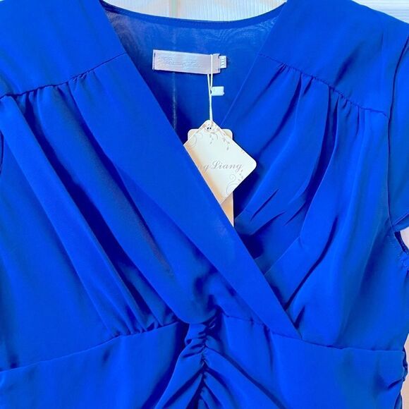 COBALT BLUE SHORT SLEEVE CREPE DRESS FULLY LINED BY LIANG LIANG SIZE XXL - Picture 3 of 6